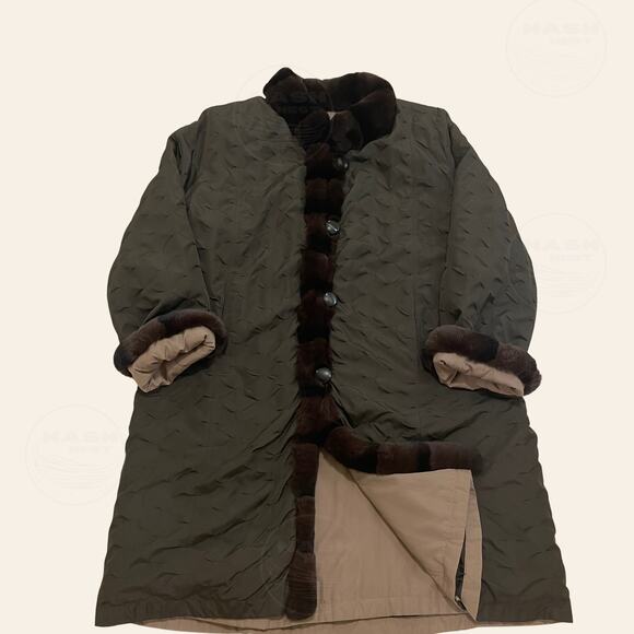 Reversible Rex Genuine Rabbit Fur Trim Coat XL | Chocolate Quilted & Taupe Nylon - Picture 1 of 13